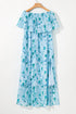 Green Floral Print Ruffled Side Slit Tube Top Maxi Dress